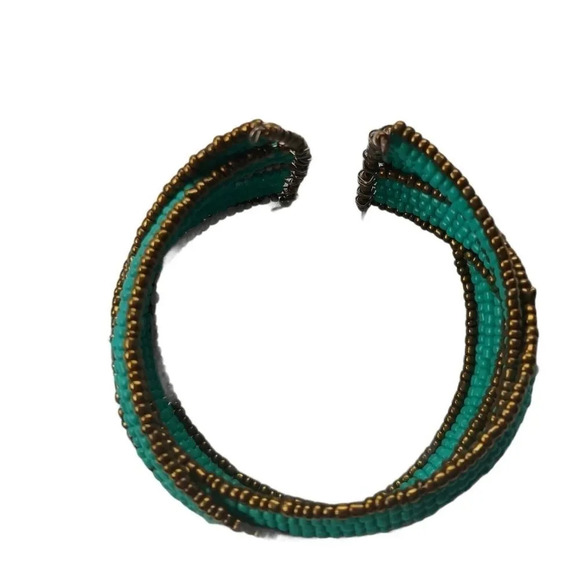 Multistrand Beaded Intertwined  Bracelet, Gold/Teal - Picture 4 of 5